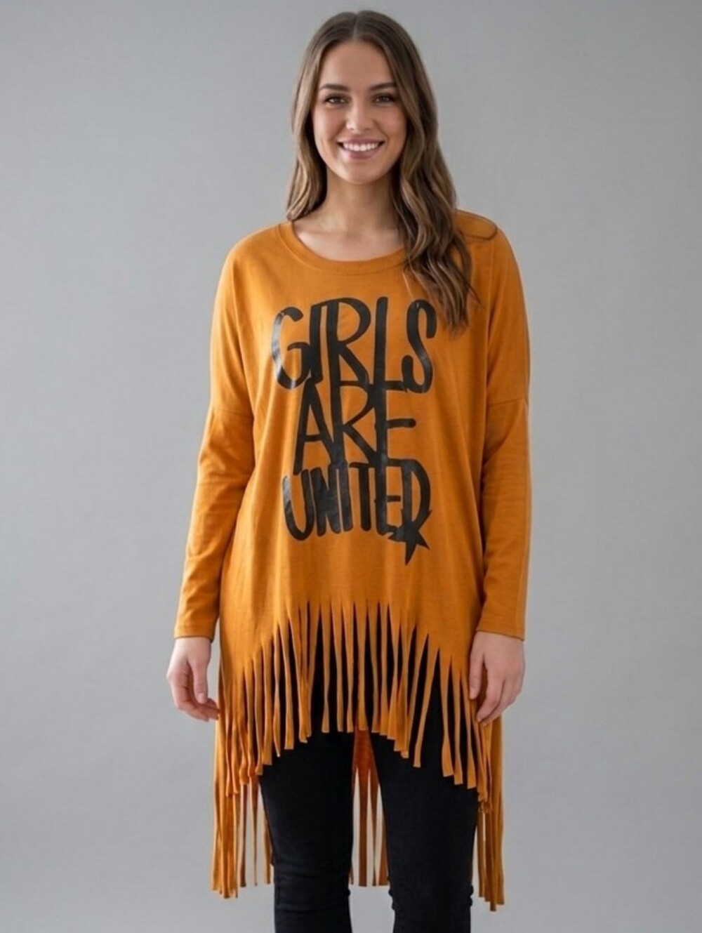Chaoyige “Girls Are United” Boho Fringe Ochre Drop Shoulder Tunic Top, Size XL